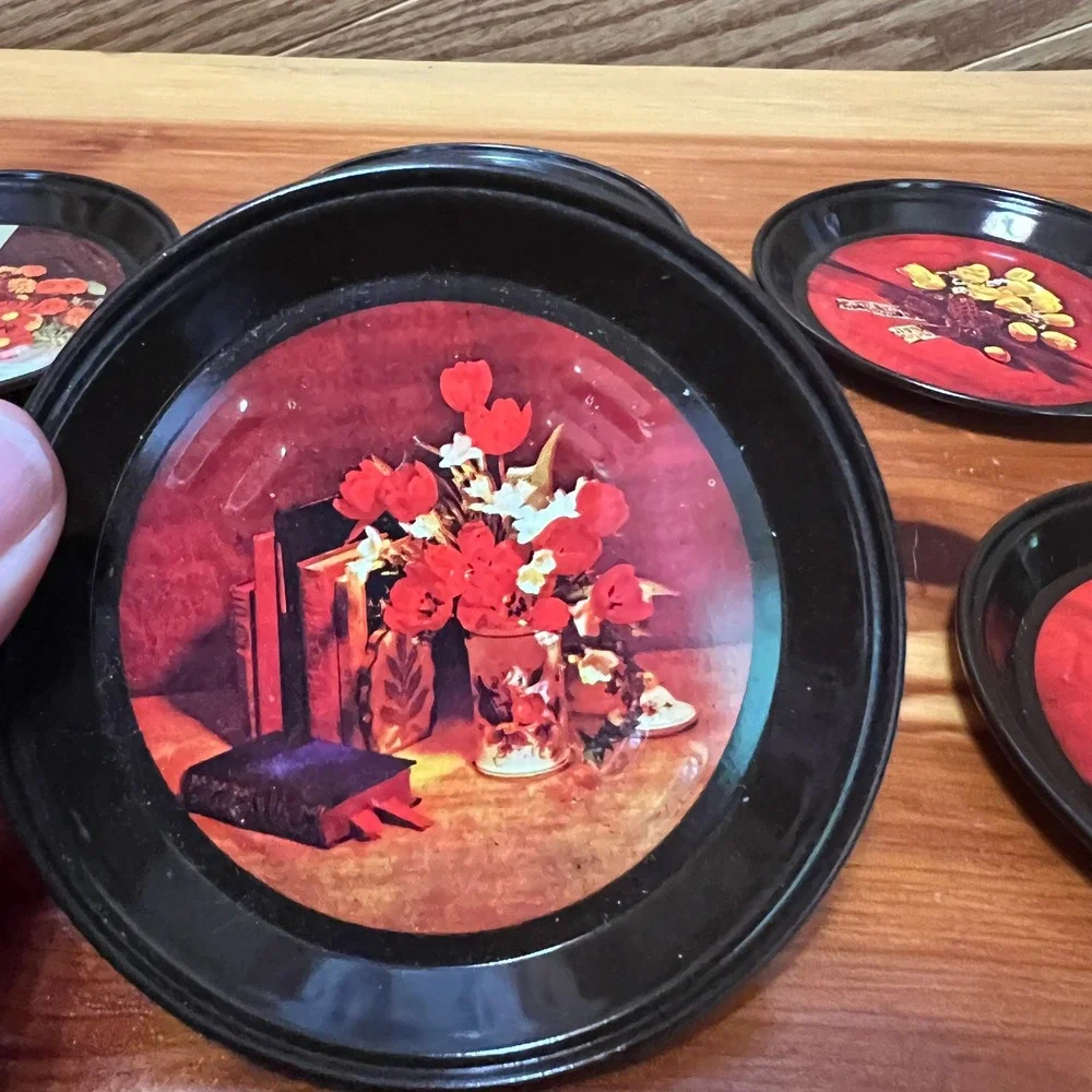Vintage Tin Floral Drink Coasters Set of 6 Retro Flower Prints Metal Kitsch‎